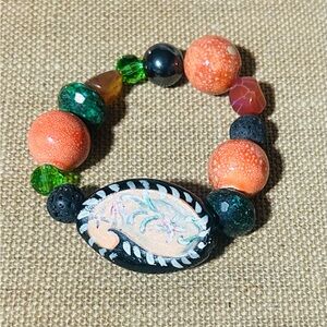 Artisan Orange and Green Beaded Bracelet